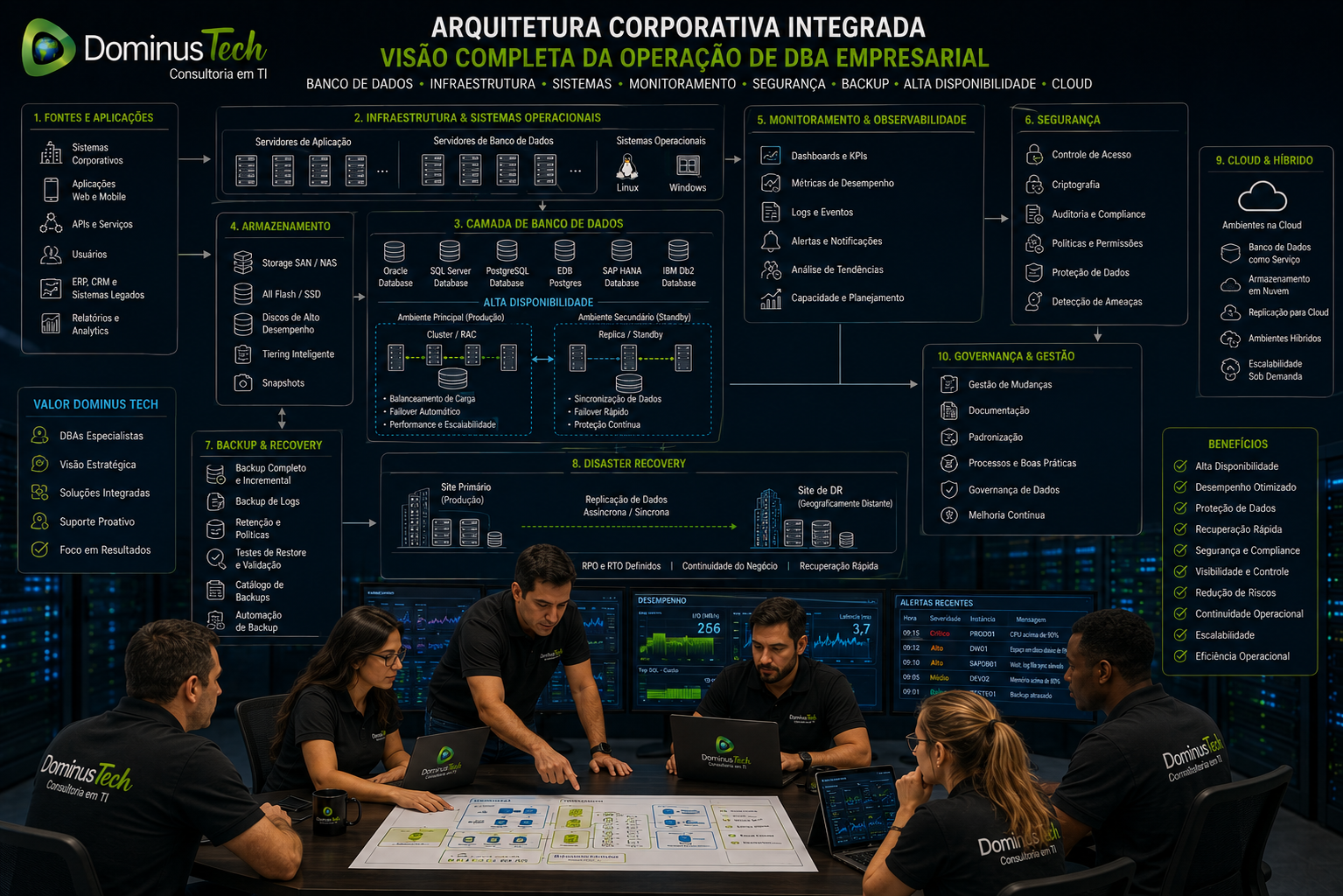 Equipe Dominus Tech analisando uma arquitetura corporativa integrada de bancos de dados, infraestrutura, sistemas operacionais, monitoramento, segurança, backup, alta disponibilidade e cloud.