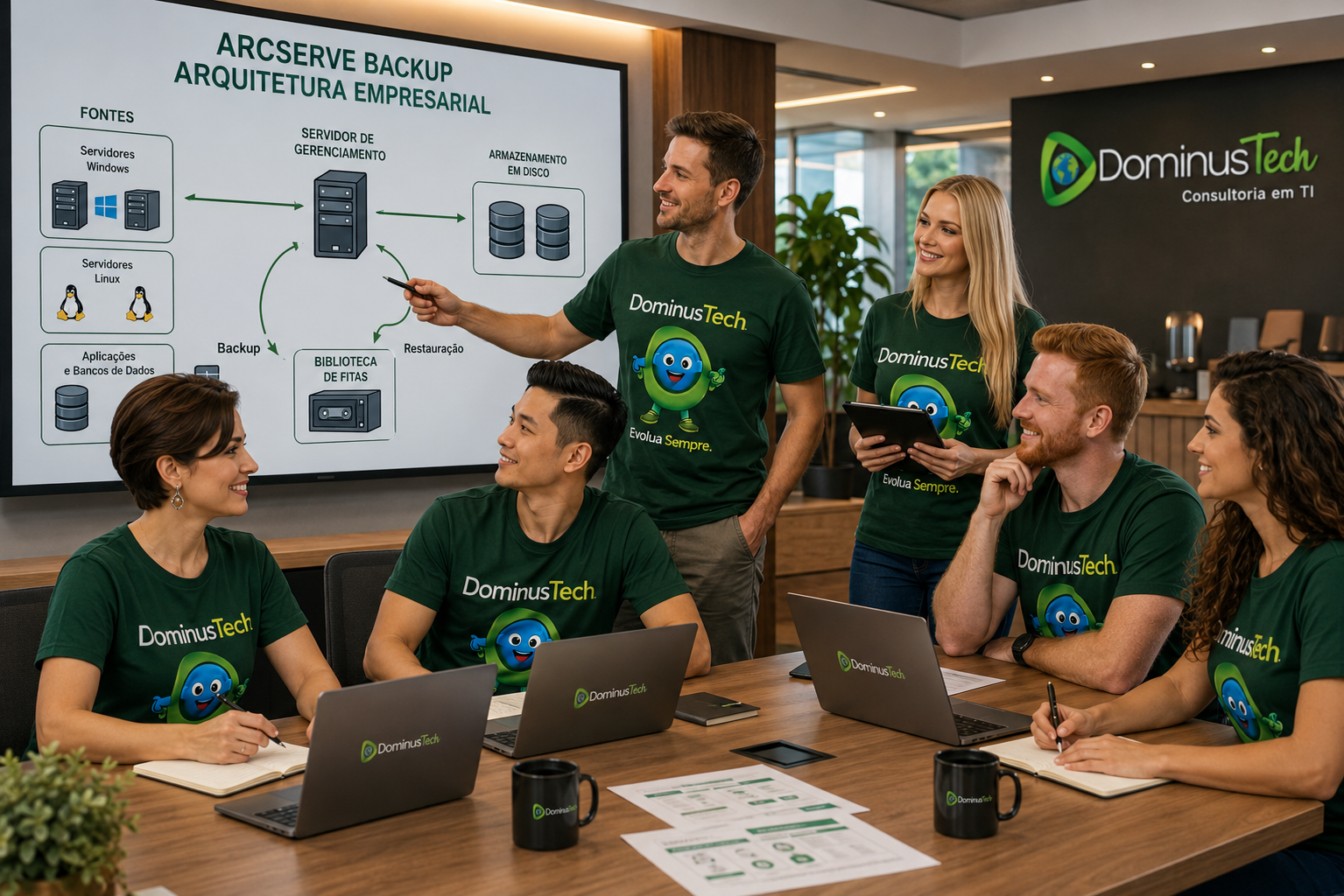 Equipe Dominus Tech analisando arquitetura empresarial de backup e restauração