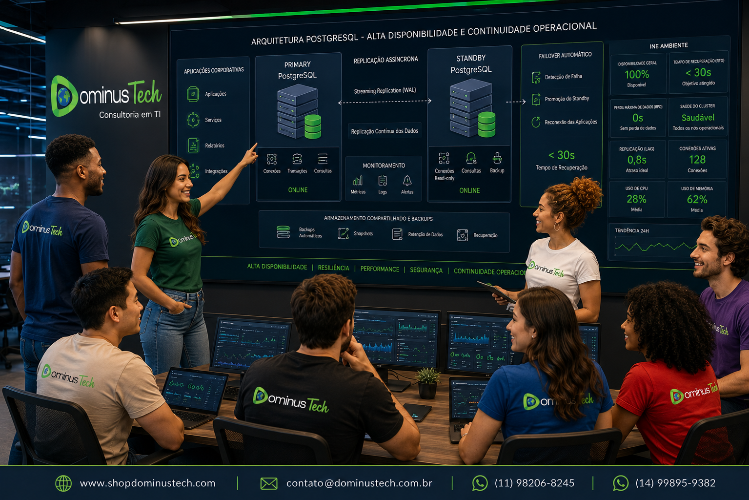 Equipe Dominus Tech em ambiente moderno de operações de TI analisando uma arquitetura PostgreSQL com servidores Primary e Standby, replicação, failover automático, alta disponibilidade e continuidade operacional.