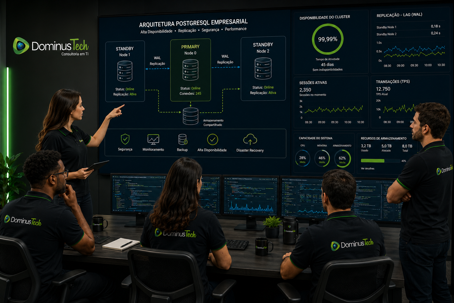 Equipe da Dominus Tech analisando arquitetura PostgreSQL empresarial em centro de operações moderno, com indicadores de segurança, alta disponibilidade, replicação, monitoramento, backup e performance.
