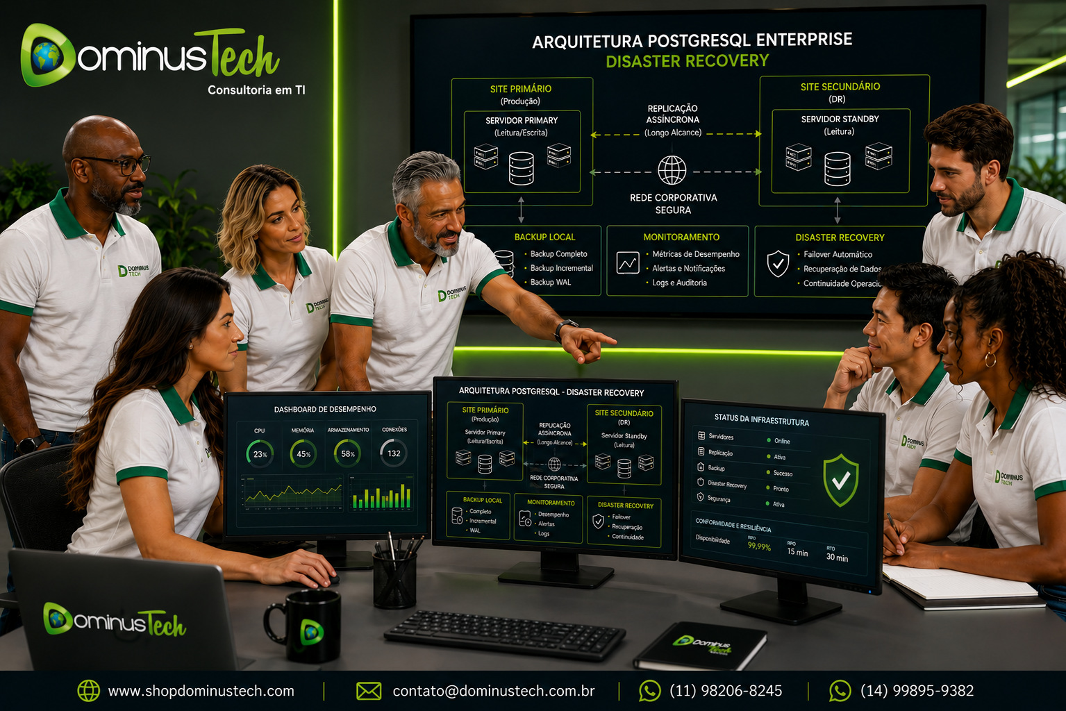 Equipe técnica da Dominus Tech analisando arquitetura PostgreSQL Enterprise de Disaster Recovery, com servidores primário e secundário, replicação, backup, monitoramento e continuidade operacional.