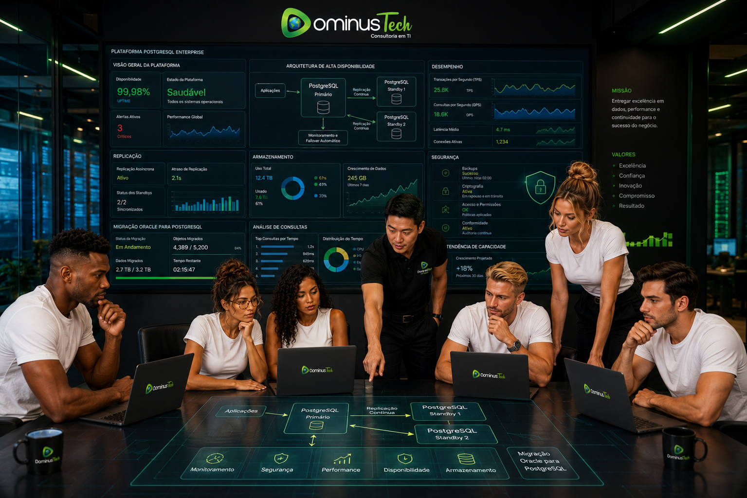 Equipe Dominus Tech analisando arquitetura PostgreSQL Enterprise em centro de operações com dashboards de desempenho, segurança, disponibilidade, replicação, armazenamento e migração Oracle para PostgreSQL