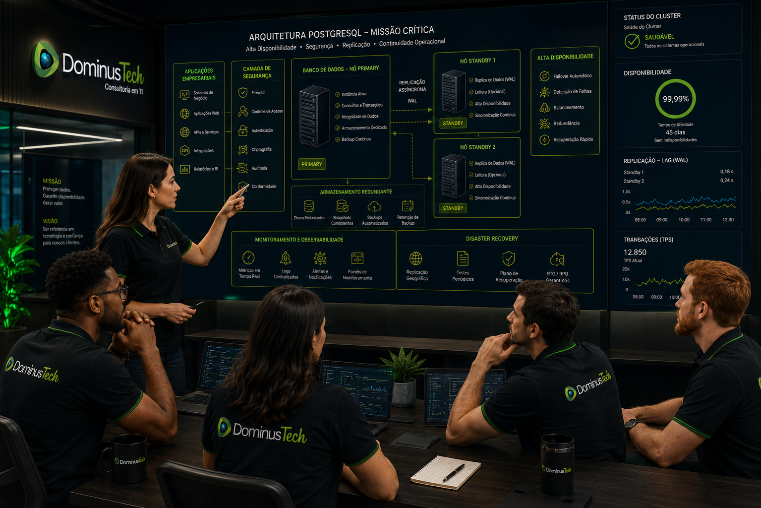 Equipe da Dominus Tech analisando arquitetura PostgreSQL para missão crítica em ambiente corporativo, com servidores redundantes, replicação, segurança, alta disponibilidade e monitoramento.