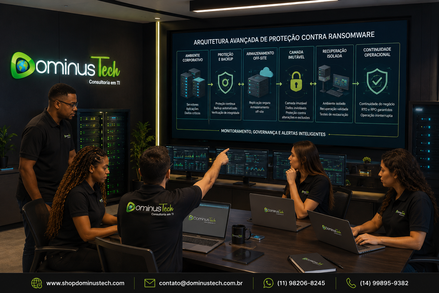 Equipe Dominus Tech analisando arquitetura avançada de proteção contra ransomware, com servidores corporativos, backup, armazenamento off-site, camada imutável, recuperação isolada e continuidade operacional.