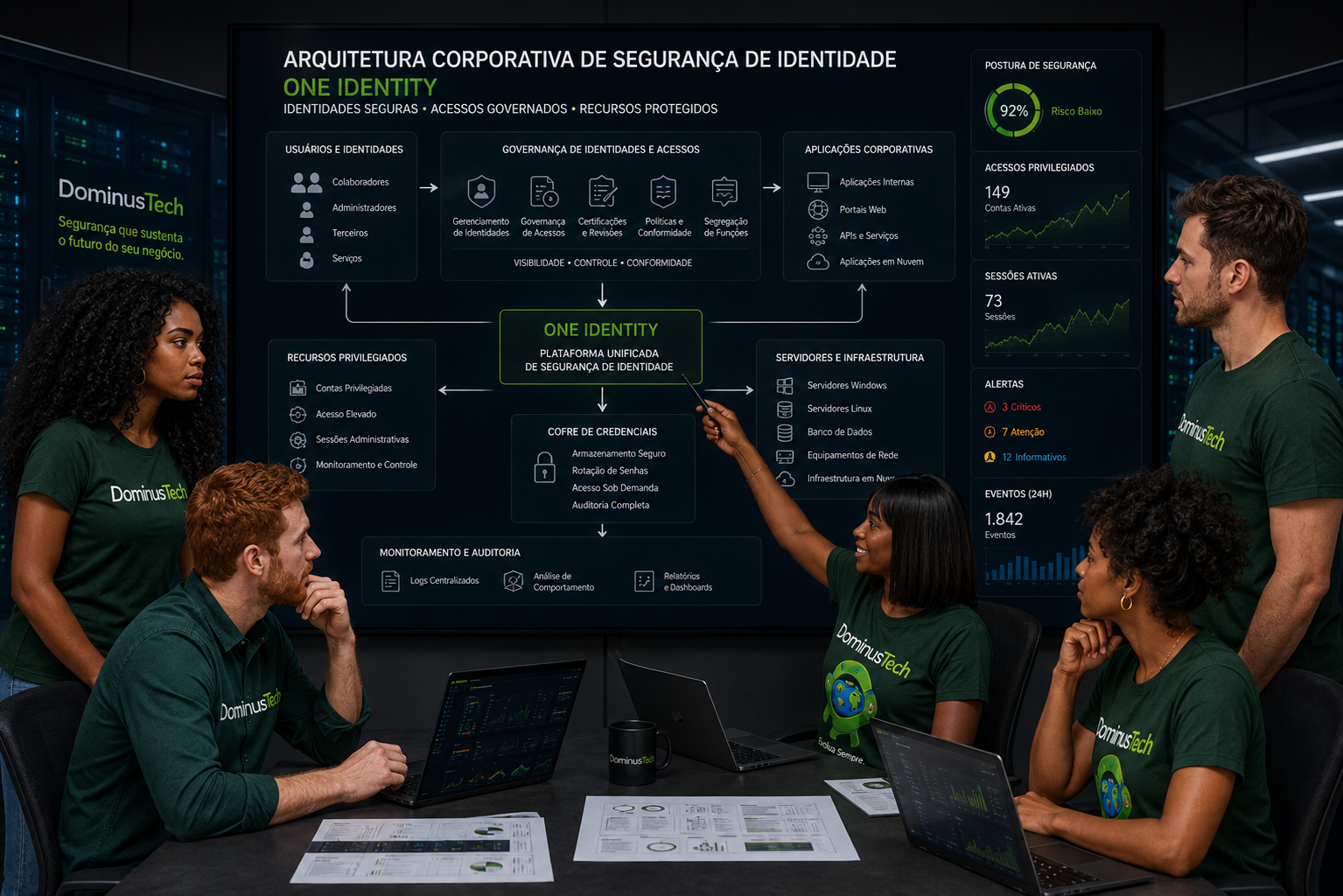 Equipe Dominus Tech analisando arquitetura corporativa de segurança de identidade One Identity com usuários, aplicações, servidores, governança de acessos e recursos privilegiados