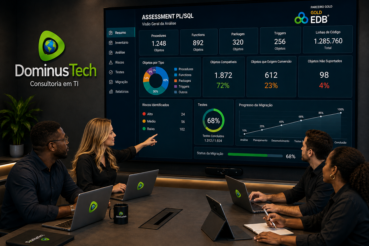 Equipe da Dominus Tech analisando dashboard corporativo de assessment PL/SQL com indicadores de procedures, functions, packages, triggers, riscos e progresso de migração, com log