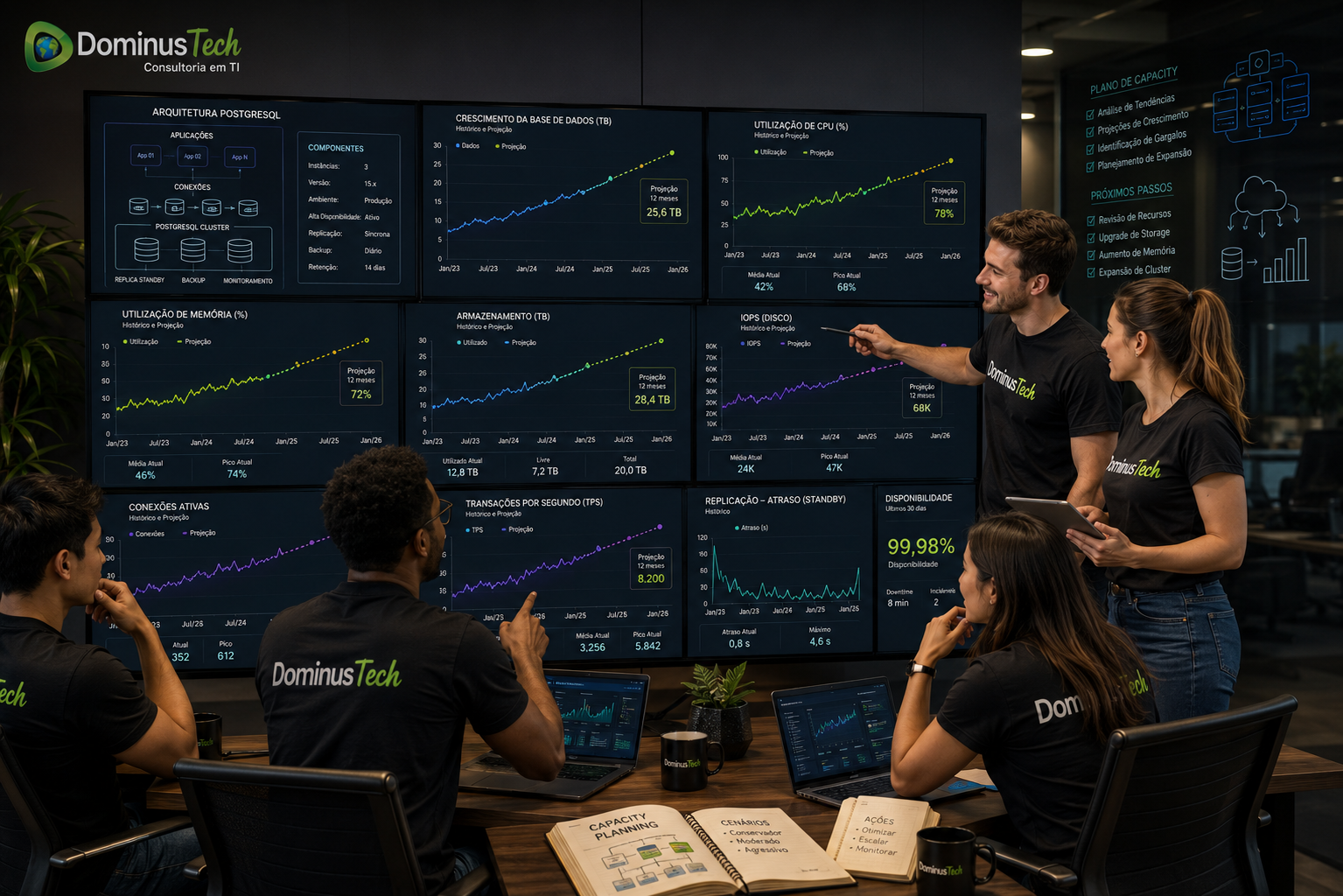 Equipe Dominus Tech realizando Capacity Planning PostgreSQL, analisando gráficos de CPU, memória, armazenamento, I/O, conexões, replicação e projeções de crescimento.