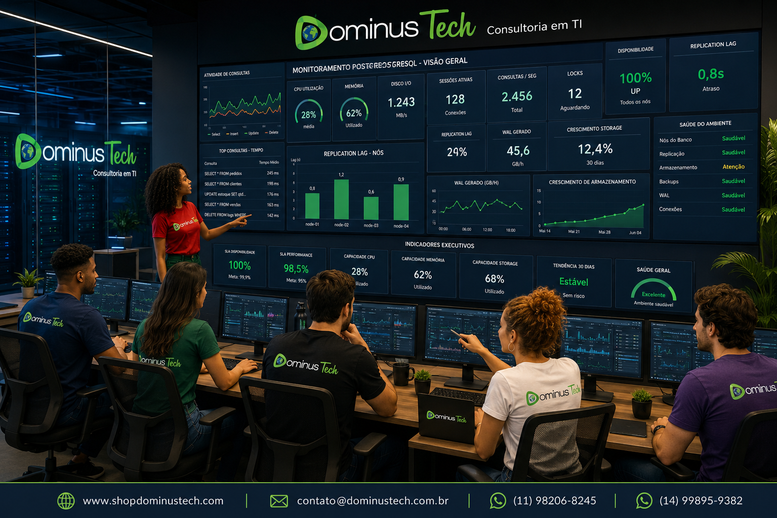Equipe Dominus Tech em centro de operações corporativo acompanhando dashboards de monitoramento PostgreSQL com CPU, memória, I/O, sessões, consultas, locks, replication lag, WAL, armazenamento, disponibilidade, SLA, capacidade e saúde do ambiente.