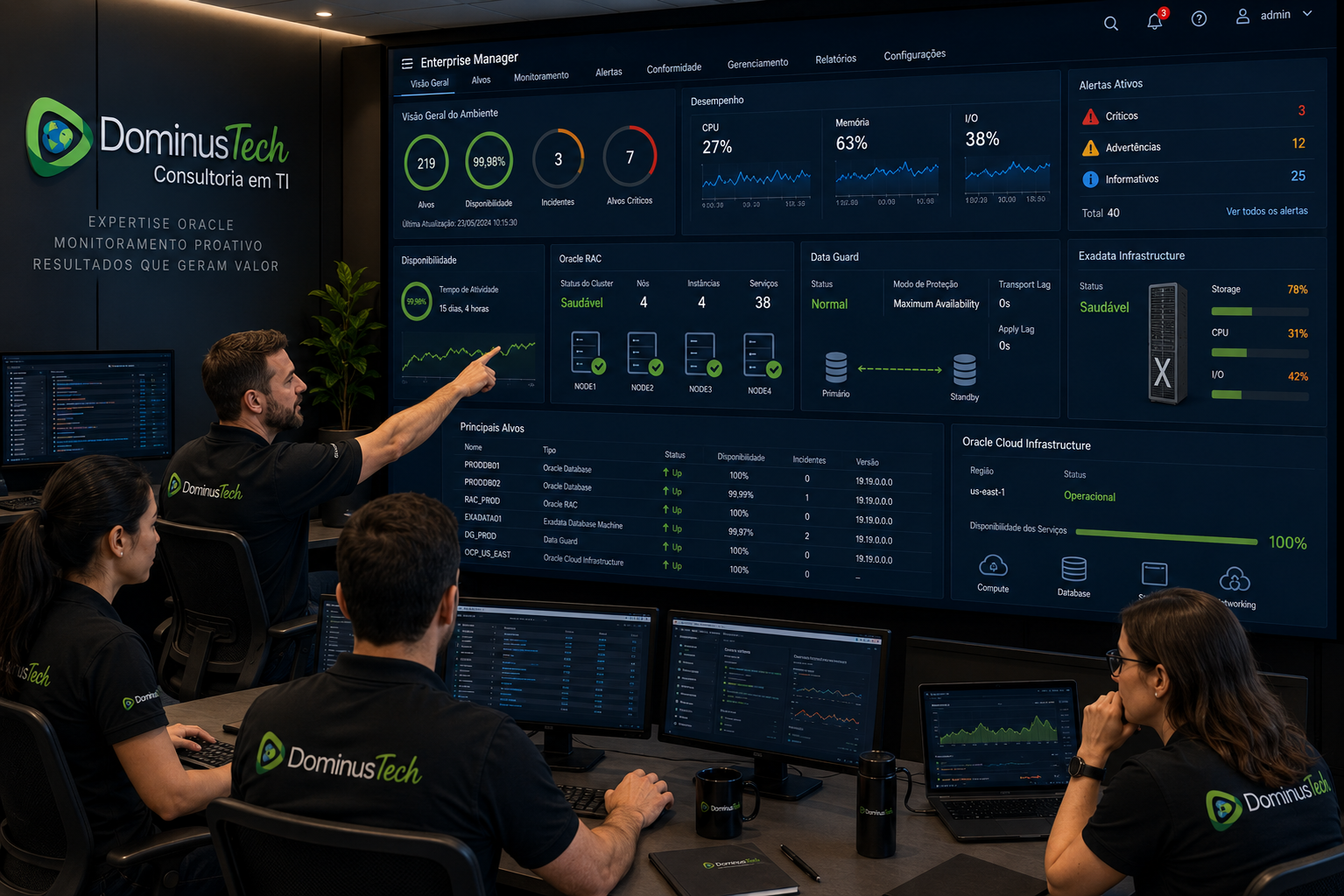 Equipe Dominus Tech monitorando Oracle Enterprise Manager em centro de operações de TI