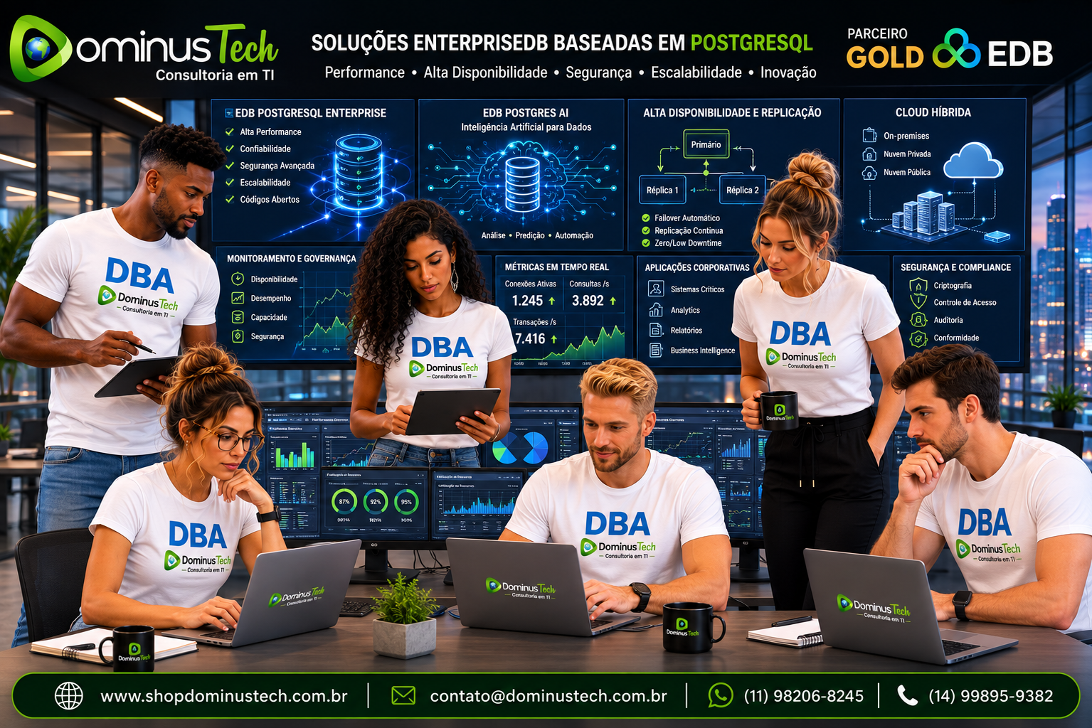 Equipe Dominus Tech com profissionais de DBA usando camisetas personalizadas em ambiente corporativo