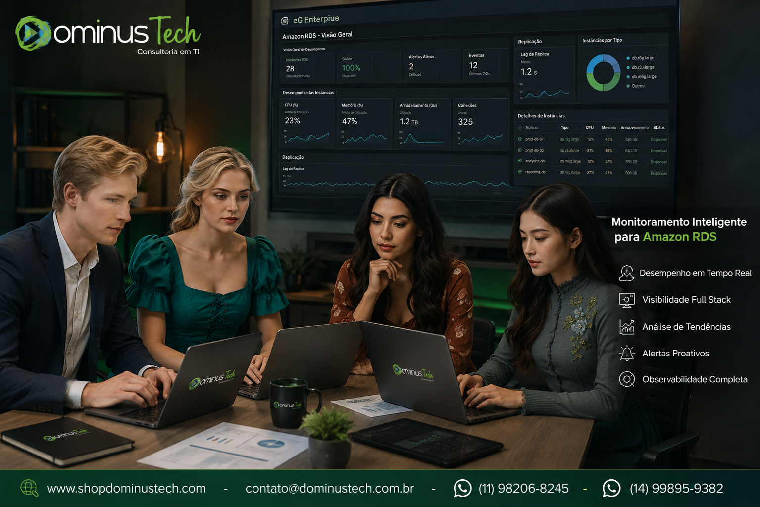 Equipe da Dominus Tech analisando dashboards do eG Enterprise para monitoramento de ambientes Amazon RDS na AWS, acompanhando desempenho, CPU, memória, armazenamento, replicação e observabilidade Full Stack em um ambiente corporativo.