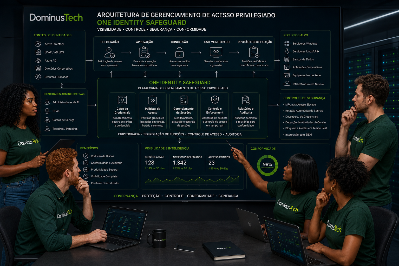Equipe Dominus Tech analisando arquitetura de gerenciamento de acesso privilegiado com One Identity Safeguard, avaliando identidades administrativas, credenciais, políticas de acesso, sessões monitoradas e controles de segurança.