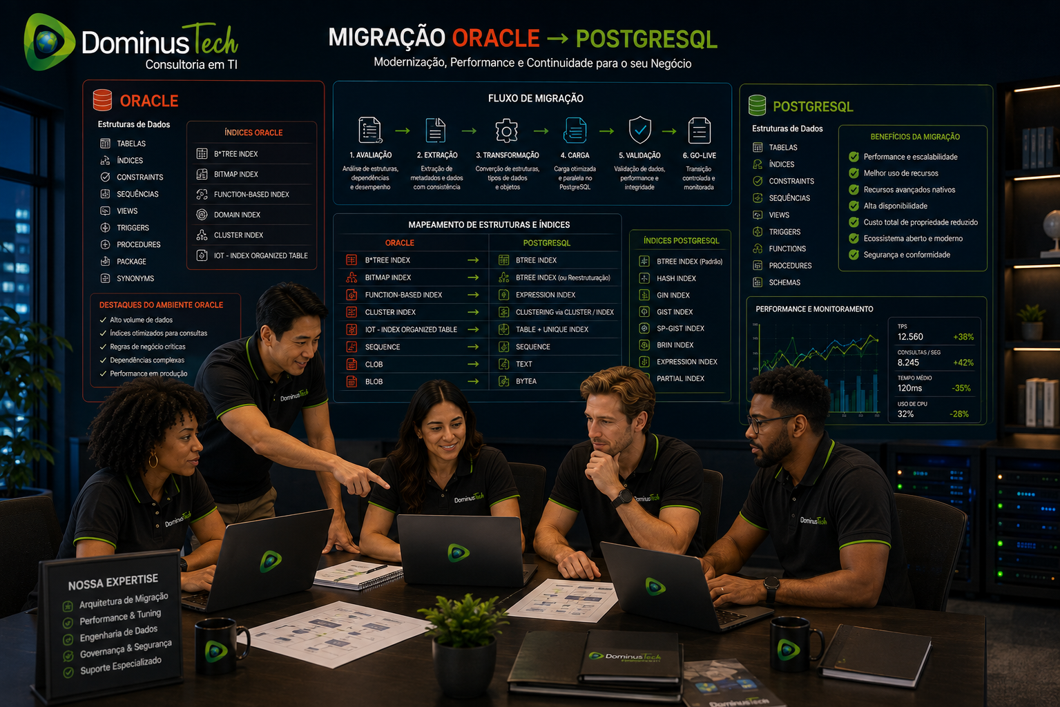 Equipe Dominus Tech analisando uma migração de banco de dados Oracle para PostgreSQL, com índices, estruturas de dados, arquitetura e indicadores de performance.