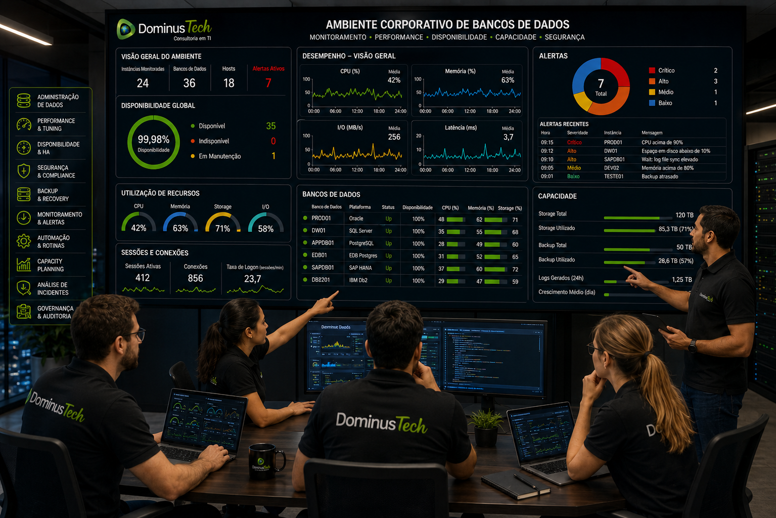 Equipe Dominus Tech analisando ambiente corporativo de bancos de dados com indicadores de disponibilidade, desempenho, capacidade, alertas, sessões, conexões e utilização de recursos.