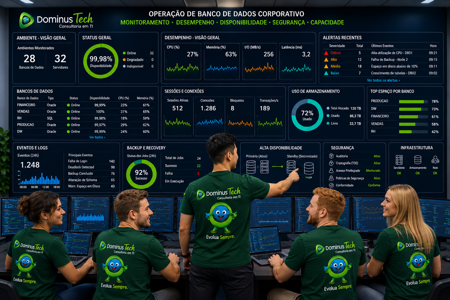 Equipe Dominus Tech monitorando ambiente corporativo de bancos de dados com indicadores de desempenho, disponibilidade, segurança, capacidade, alertas, sessões, armazenamento e backup.