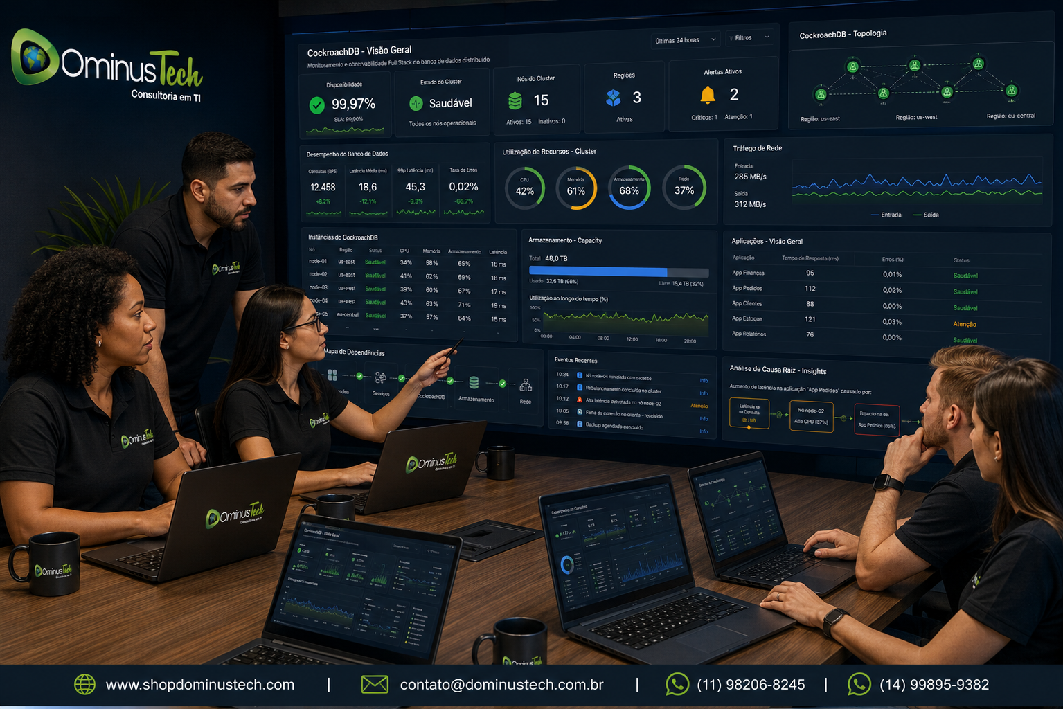 Equipe da Dominus Tech analisando dashboards do eG Enterprise para monitoramento de um ambiente CockroachDB, acompanhando desempenho do banco de dados distribuído, utilização da infraestrutura, disponibilidade, dependências entre aplicações e observabilidade Full Stack em tempo real.