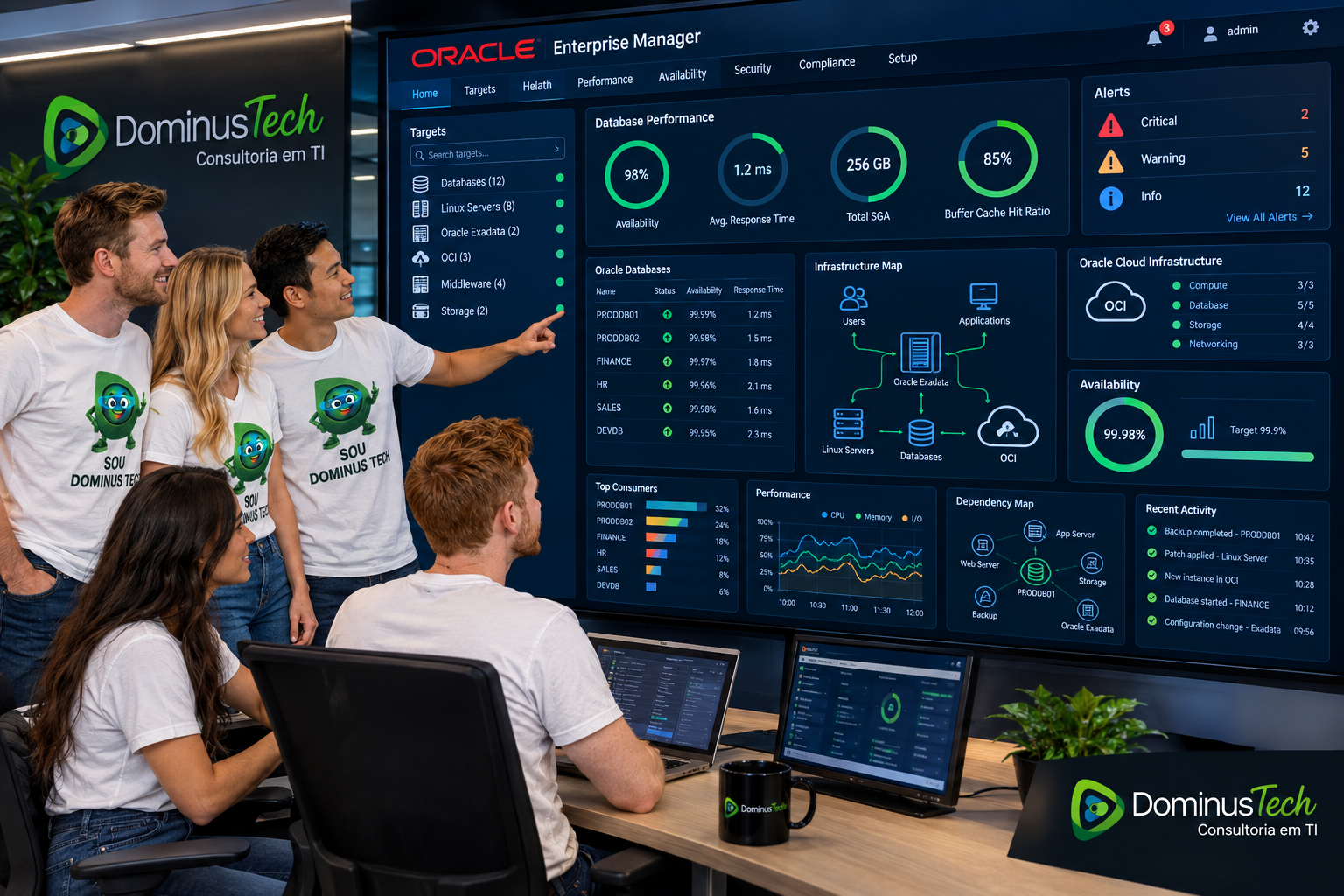 Equipe Dominus Tech analisando dashboard de monitoramento de infraestrutura Oracle Enterprise Manager