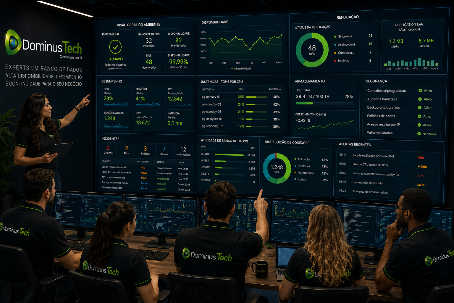Equipe Dominus Tech analisando dashboards de monitoramento PostgreSQL com indicadores de disponibilidade, desempenho, CPU, memória, I/O, sessões, replicação, armazenamento, segurança e alertas.