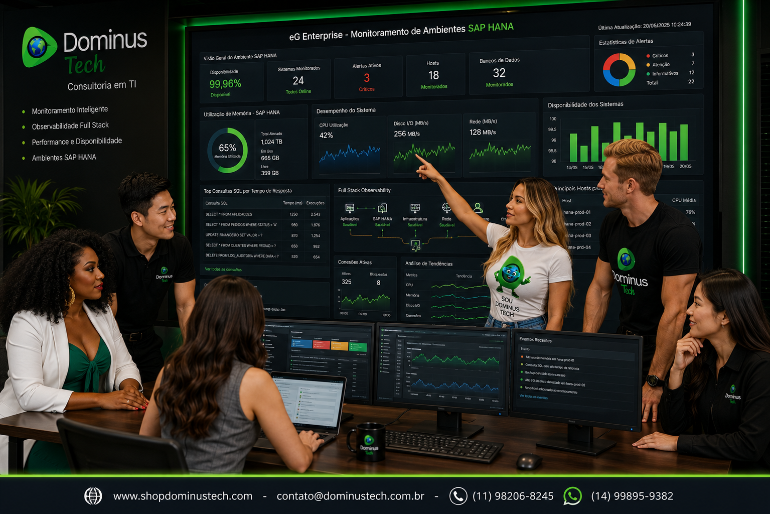 Equipe da Dominus Tech analisando dashboards do eG Enterprise para monitoramento de ambientes SAP HANA corporativos, acompanhando utilização de memória, desempenho, disponibilidade, consultas SQL e observabilidade Full Stack em uma central moderna de operações de TI.