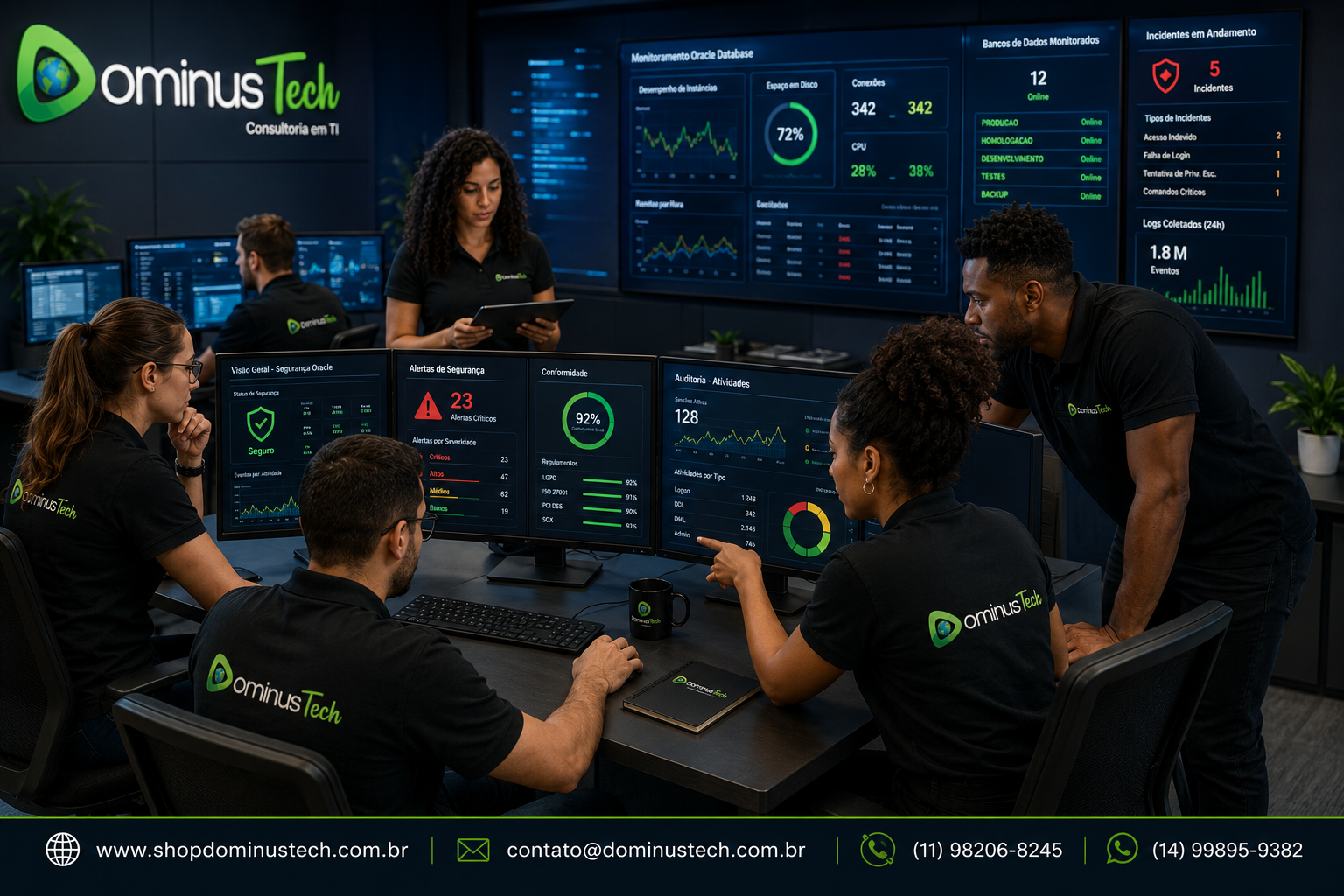 Equipe técnica da Dominus Tech em um centro de operações NOC/SOC monitorando dashboards de segurança do Oracle Database, com painéis exibindo alertas, conformidade, auditoria, desempenho e monitoramento de bancos de dados corporativos.