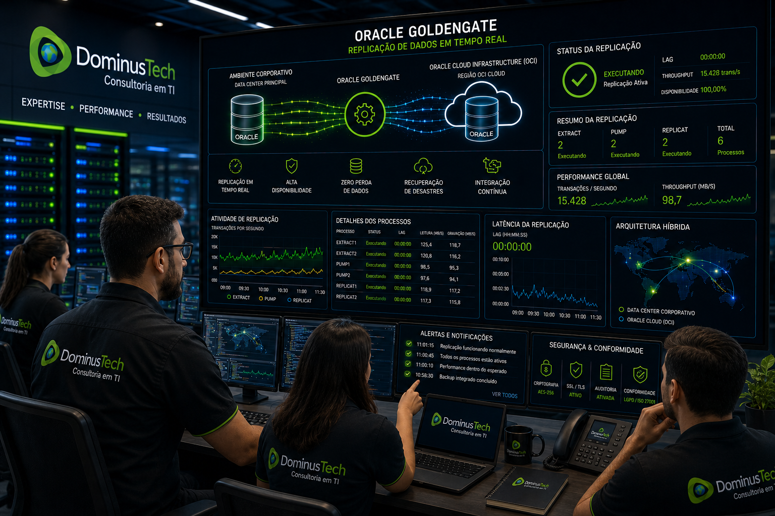 Equipe da Dominus Tech monitorando Oracle GoldenGate em ambiente corporativo enterprise, realizando replicação Oracle Database em tempo real entre infraestrutura local e Oracle Cloud, com dashboards de alta disponibilidade, monitoramento contínuo e integração de dados.