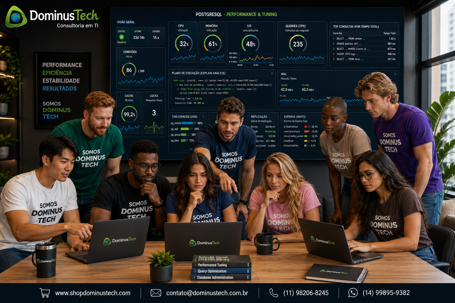 Equipe Dominus Tech analisando performance e tuning PostgreSQL com planos de execução, consultas, CPU, memória, I/O, locks, WAL e indicadores de desempenho.