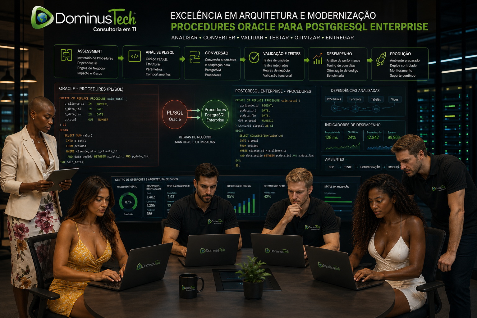 Equipe da Dominus Tech trabalhando em um centro de operações e arquitetura de banco de dados corporativo, analisando e modernizando Procedures Oracle para PostgreSQL Enterprise, com etapas de assessment, conversão, validação, testes, otimização, desempenho e produção.