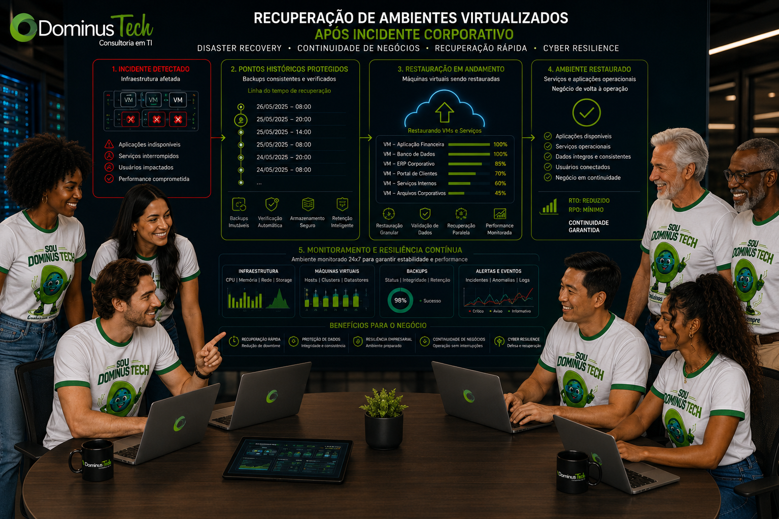Equipe Dominus Tech realizando operação de recuperação de ambientes virtualizados após incidente corporativo, com pontos históricos protegidos, restauração de máquinas virtuais e continuidade de negócios
