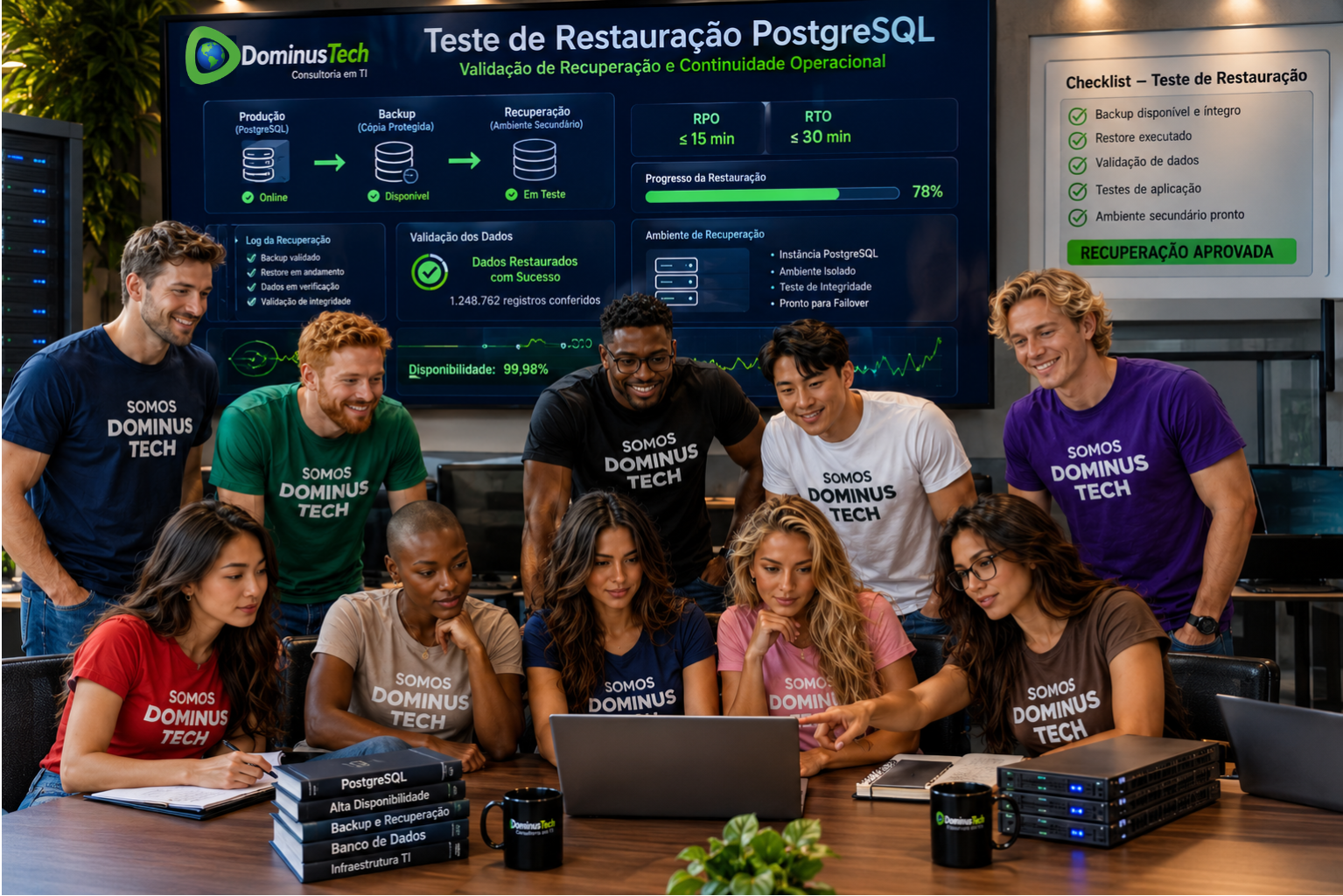 Equipe Dominus Tech realizando teste de restauração PostgreSQL, analisando backup, ambiente secundário, RPO, RTO e validação dos dados recuperados.