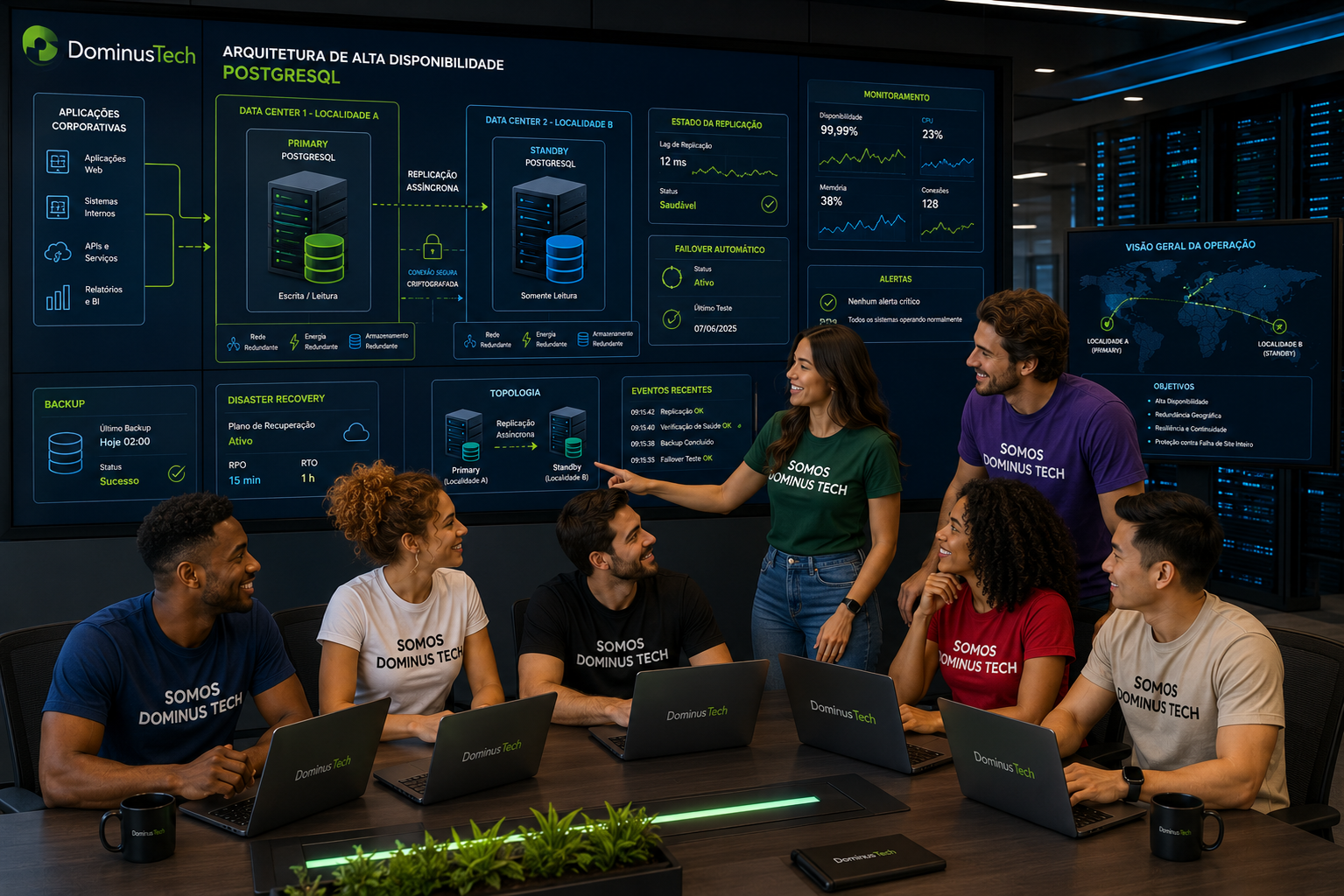 Equipe técnica da Dominus Tech analisando ambiente corporativo de alta disponibilidade PostgreSQL em uma sala de operações com servidores Primary e Standby, replicação, failover, monitoramento, backup e Disaster Recovery.