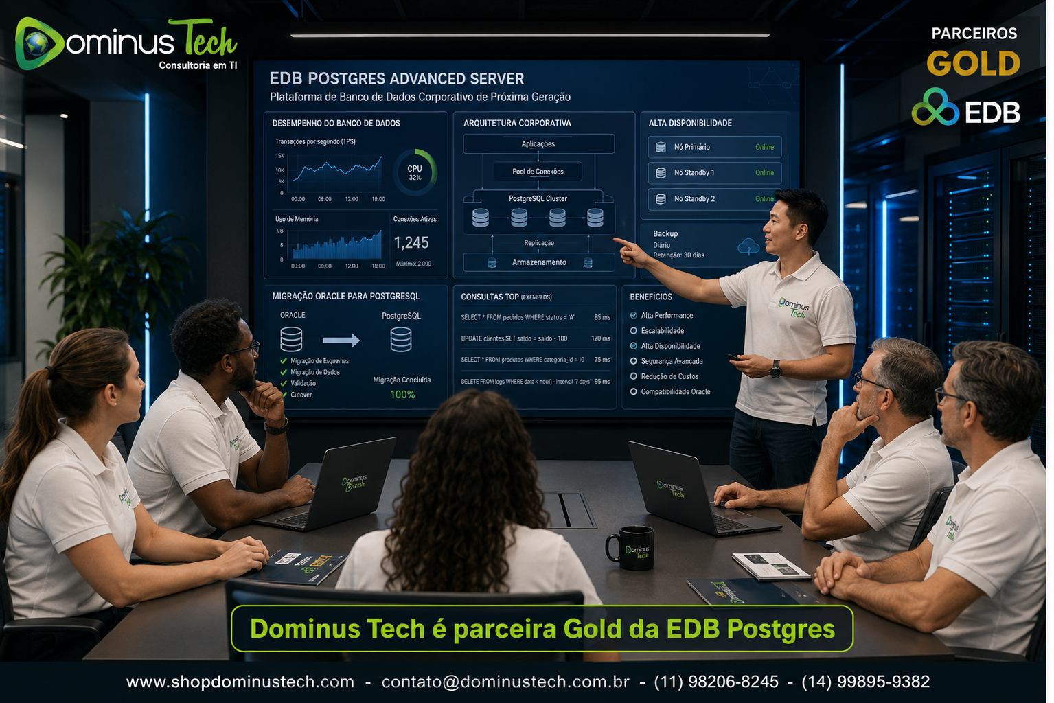 Especialistas da Dominus Tech apresentam o EDB Postgres Advanced Server para executivos de TI em uma sala moderna de infraestrutura, com dashboards corporativos do PostgreSQL Enterprise, arquitetura da plataforma, indicadores de desempenho e migração de Oracle para PostgreSQL.