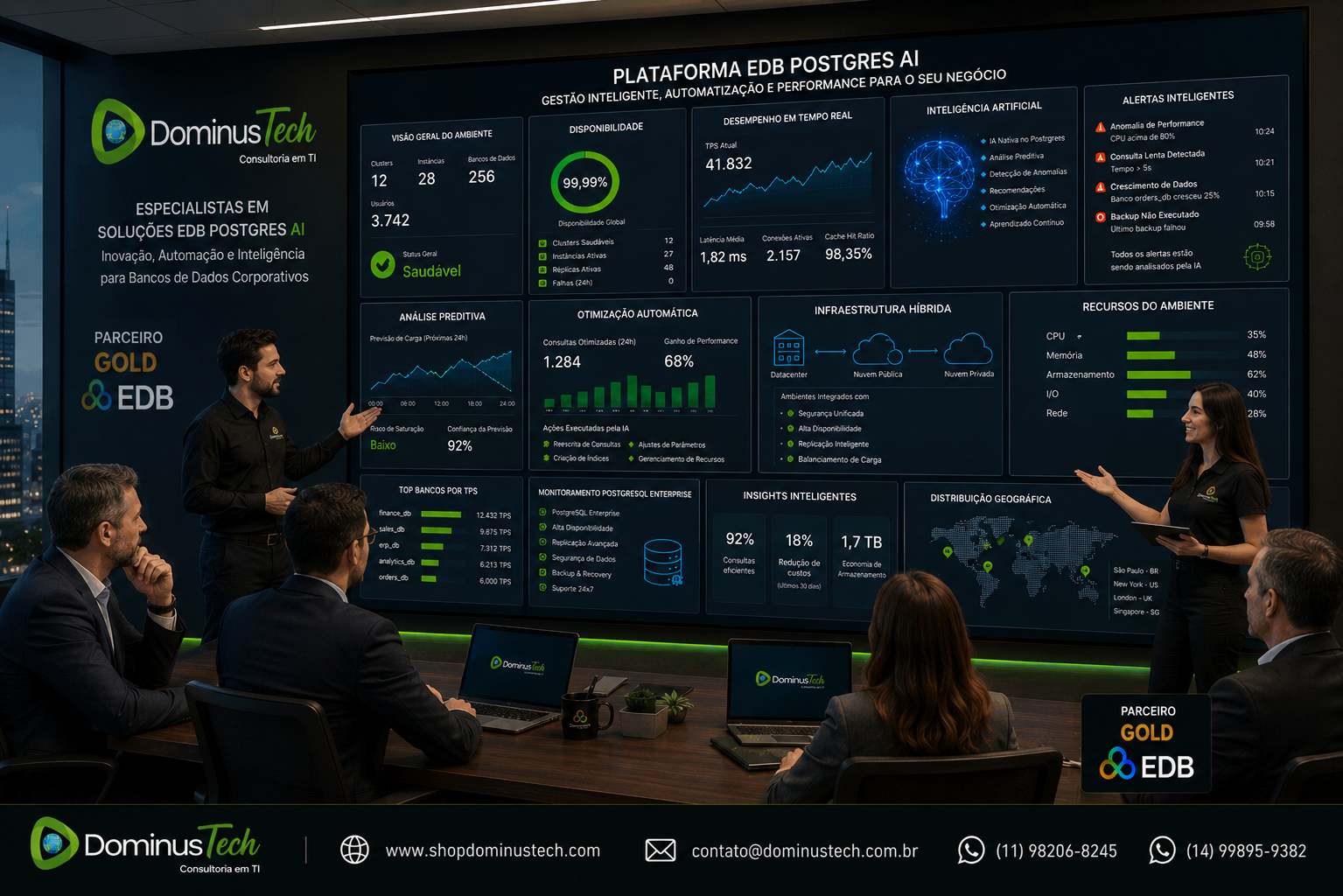 (Alt Text)Especialistas da Dominus Tech apresentando a plataforma EDB Postgres AI para diretores de tecnologia, com dashboards de inteligência artificial, análise preditiva, monitoramento PostgreSQL Enterprise, otimização automática de desempenho, arquitetura híbrida e alta disponibilidade.