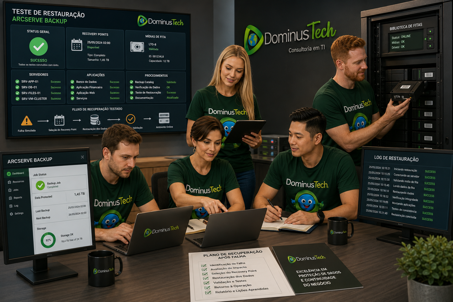 Especialistas Dominus Tech realizando testes de restauração Arcserve Backup e validando recovery points