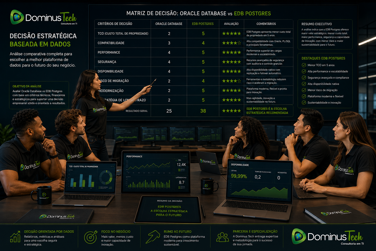 Equipe Dominus Tech em reunião executiva analisando matriz de decisão entre Oracle Database e EDB Postgres, com critérios de TCO, compatibilidade, performance, segurança, disponibilidade, risco de migração e modernização.