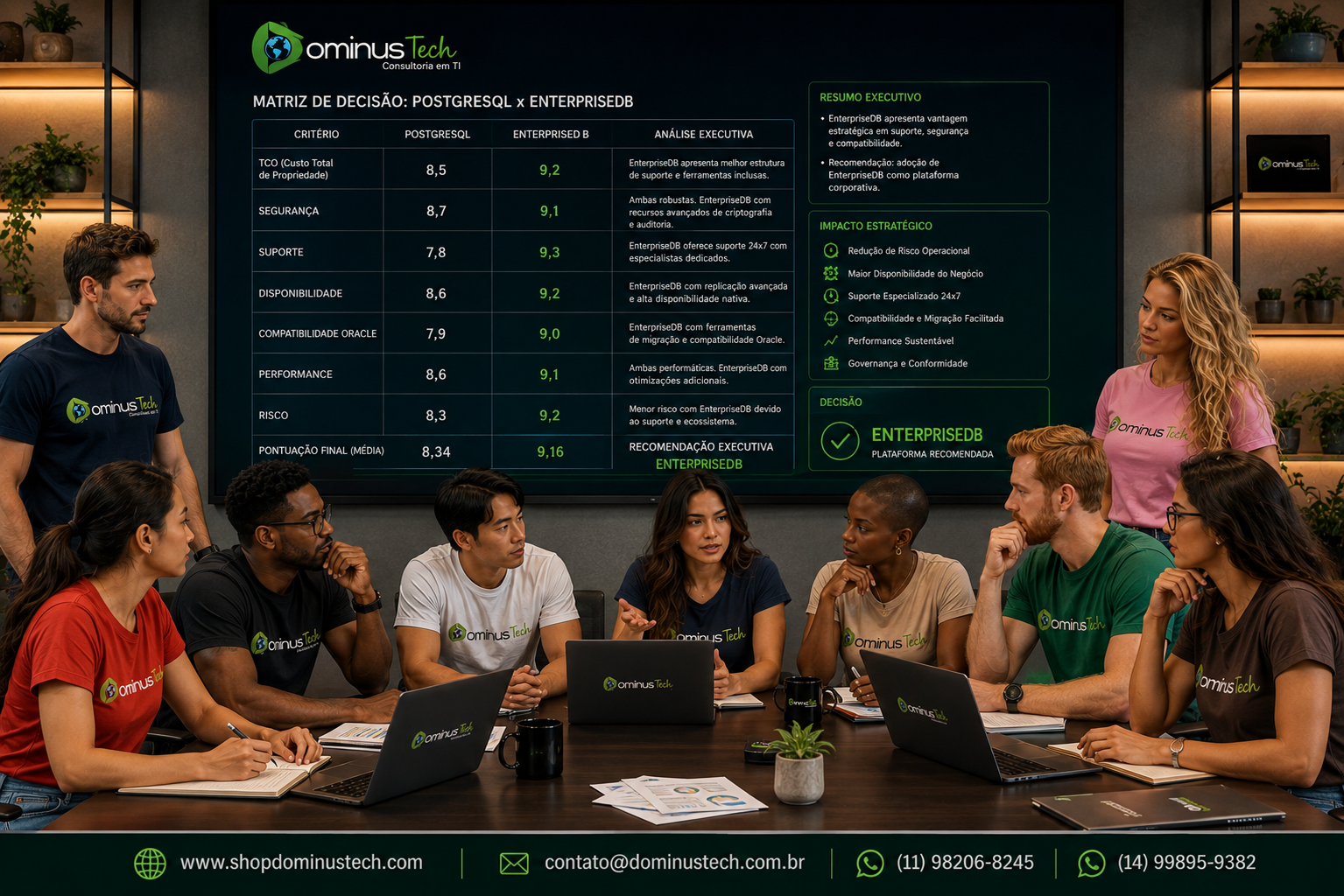 Equipe executiva e técnica da Dominus Tech analisando uma matriz de decisão entre PostgreSQL e EnterpriseDB, avaliando indicadores de TCO, segurança, suporte, disponibilidade, compatibilidade Oracle, performance e risco para definição da arquitetura corporativa de banco de dados.