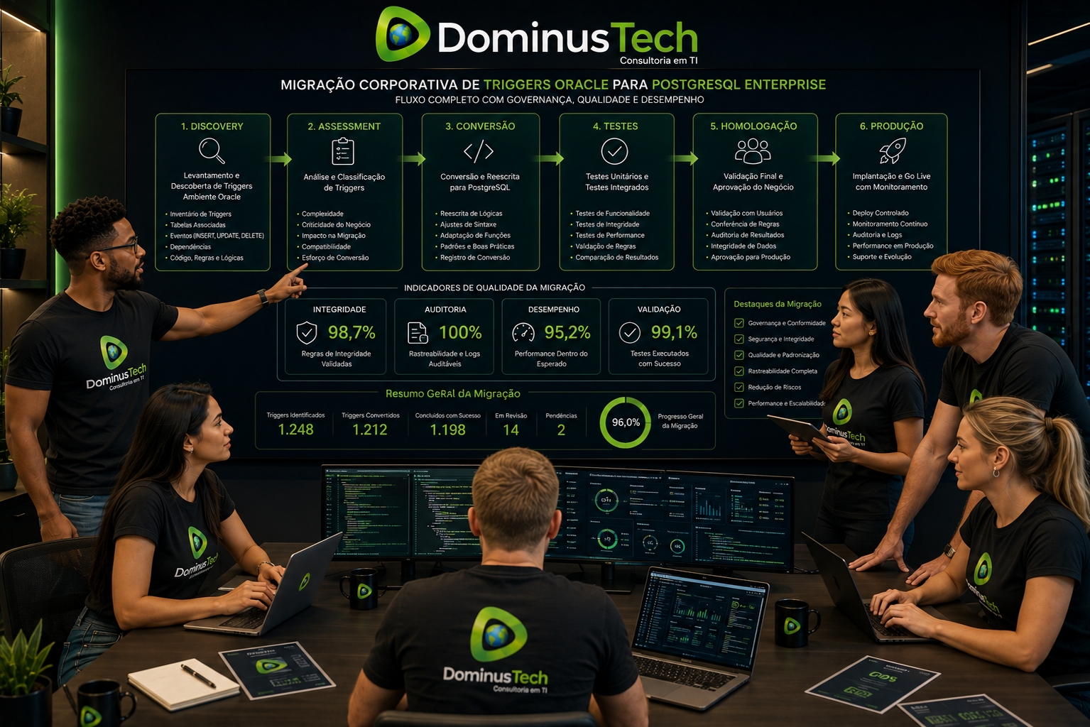 Equipe Dominus Tech acompanhando uma migração corporativa de Triggers Oracle para PostgreSQL Enterprise, com fluxo de Discovery, Assessment, Conversão, Testes, Homologação e Produção, além de indicadores de integridade, auditoria, desempenho e validação.