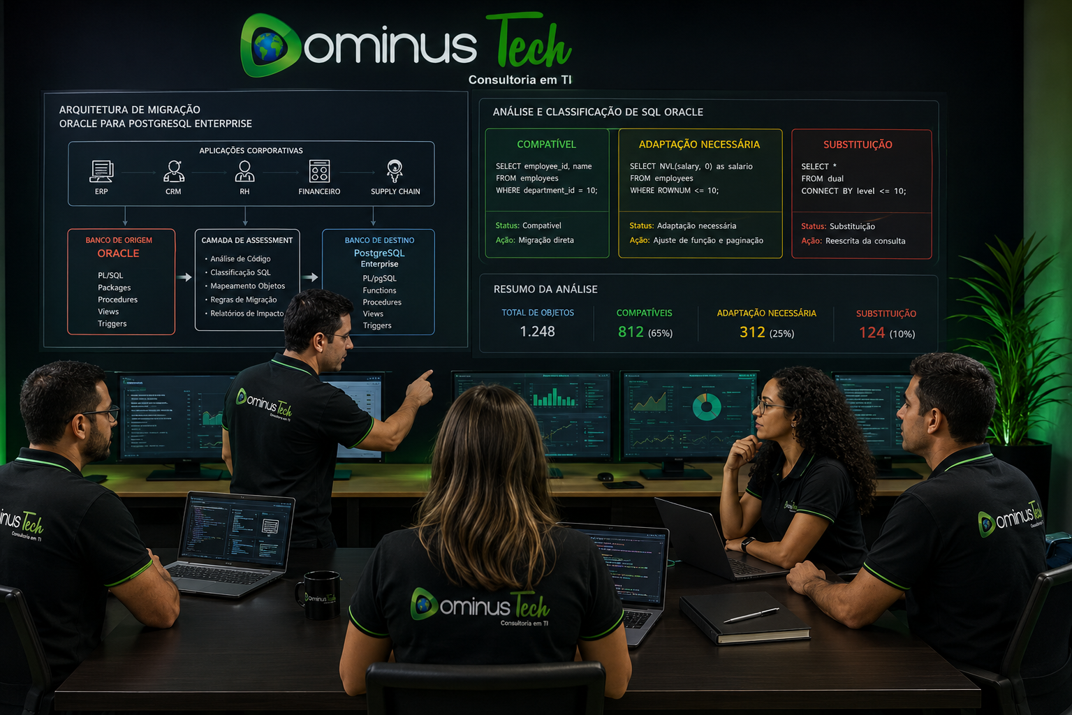 Equipe da Dominus Tech analisando uma arquitetura corporativa de migração de Oracle para PostgreSQL Enterprise, com avaliação e classificação de códigos SQL em categorias compatível, adaptação necessária e substituição, utilizando dashboards de assessment e planejamento de conversão de banco de dados.