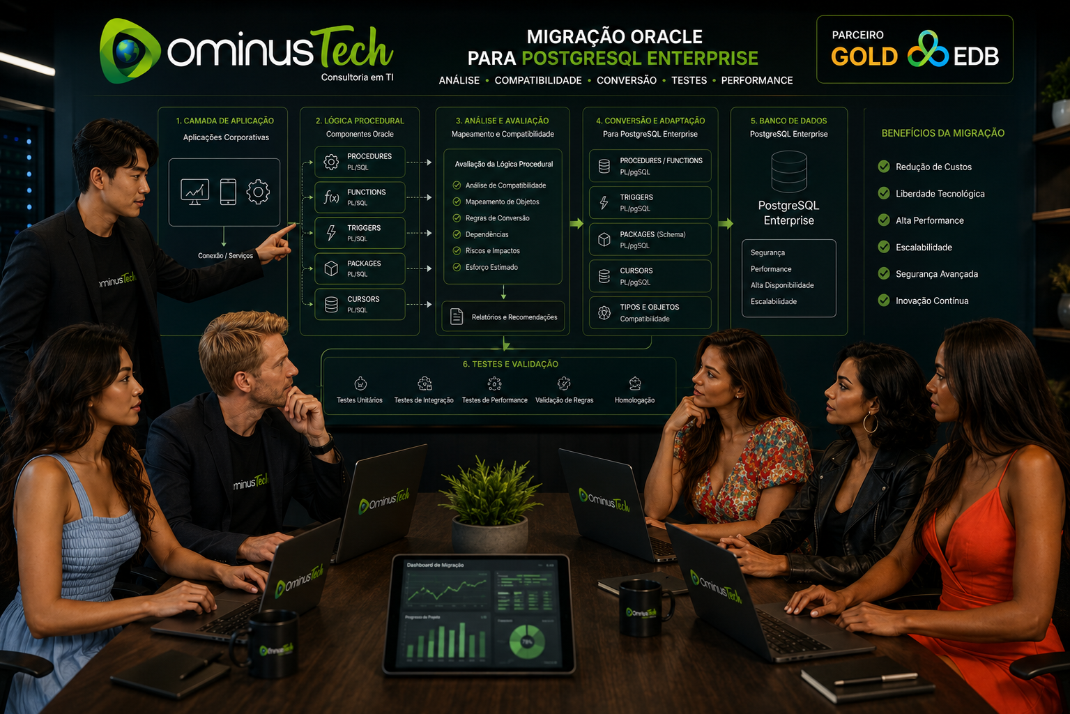 Equipe da Dominus Tech analisando arquitetura corporativa de migração Oracle para PostgreSQL Enterprise