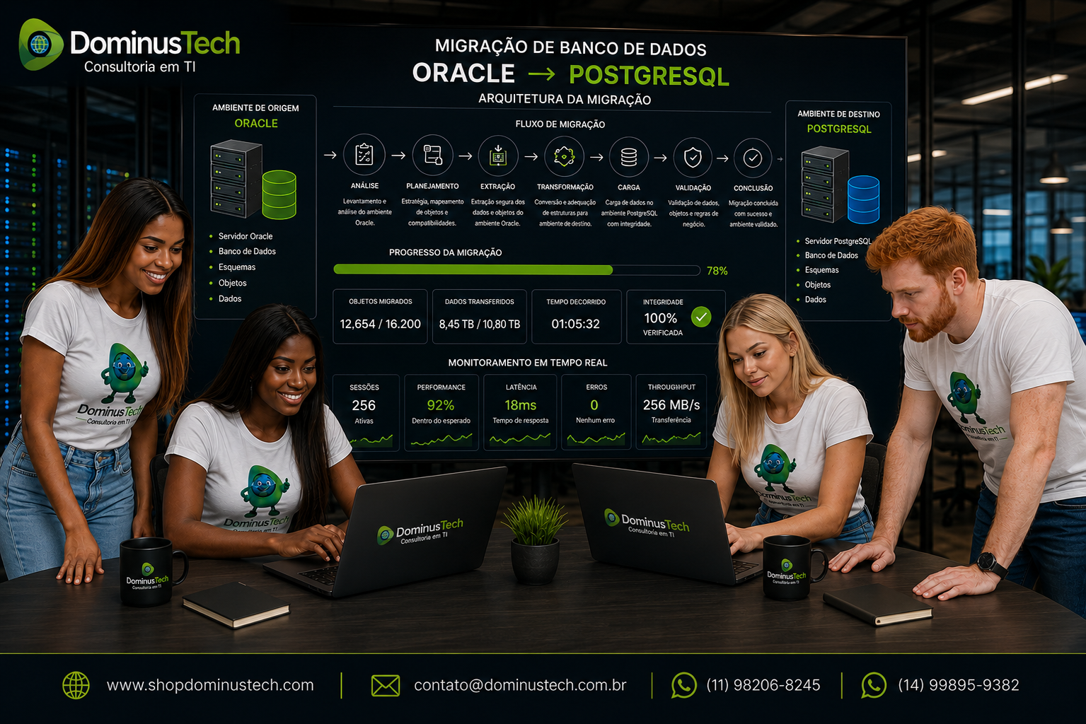 Equipe Dominus Tech analisando arquitetura corporativa de migração de banco de dados entre Oracle e PostgreSQL, com fluxo de dados, servidores e indicadores de monitoramento.