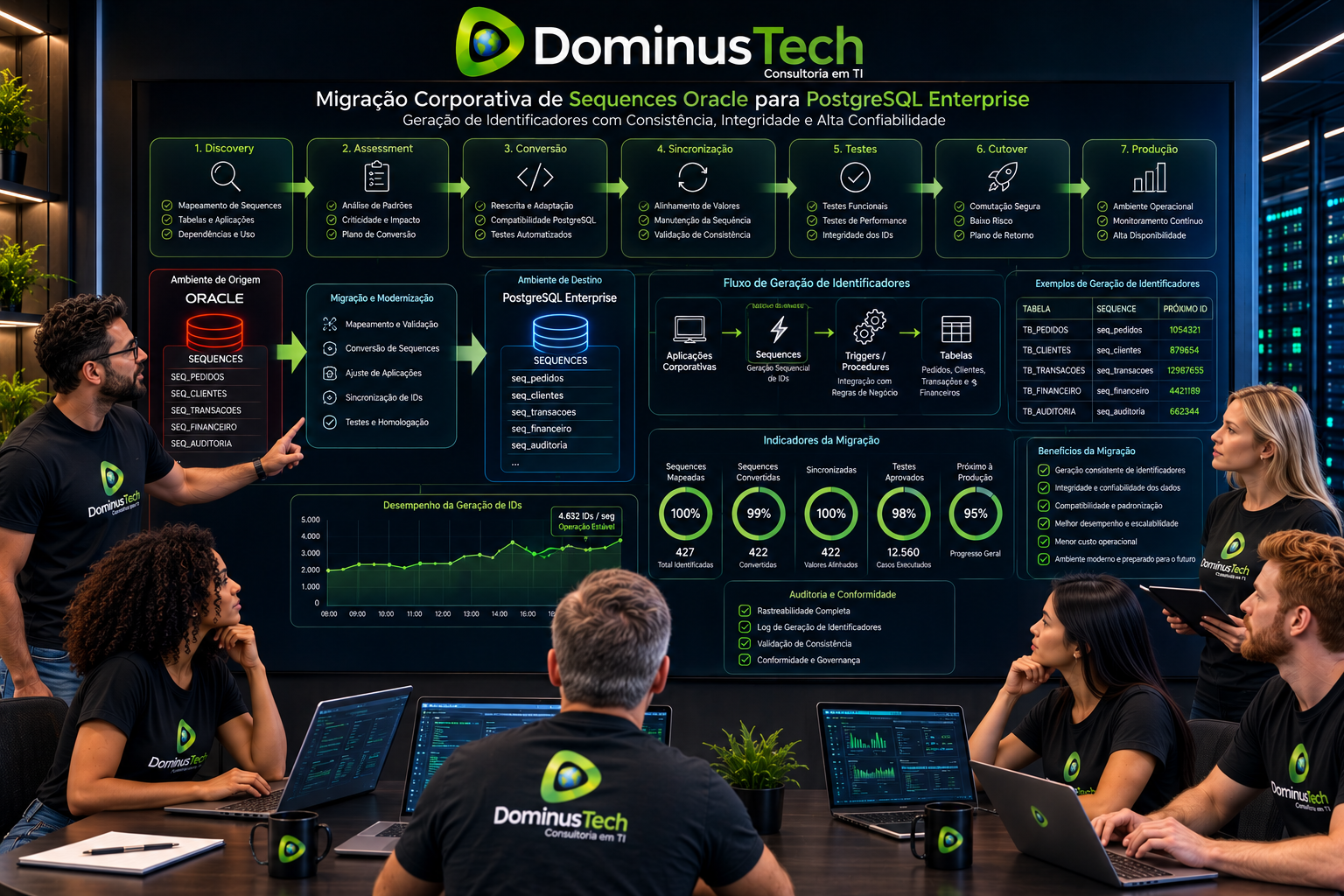 Equipe Dominus Tech acompanhando uma migração corporativa de Sequences Oracle para PostgreSQL Enterprise, com etapas de Discovery, Assessment, Conversão, Sincronização, Testes, Cutover e Produção.