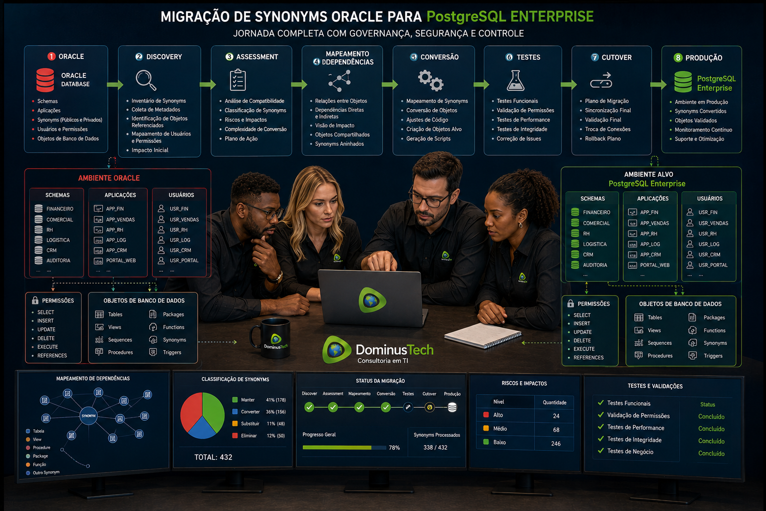 Equipe da Dominus Tech acompanhando uma migração de Synonyms Oracle para PostgreSQL Enterprise, com fluxo de Discovery, Assessment, Mapeamento de Dependências, Conversão, Testes, Cutover e Produção.