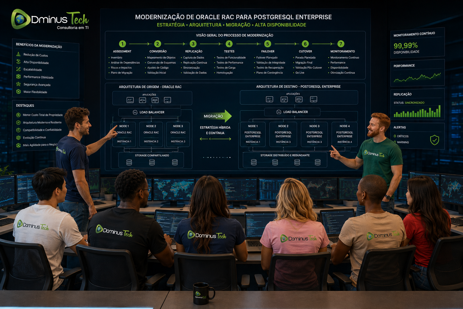 Equipe da Dominus Tech analisando o processo de modernização de Oracle RAC para PostgreSQL Enterprise, com etapas de assessment, conversão, replicação, testes, failover, cutover e monitoramento.