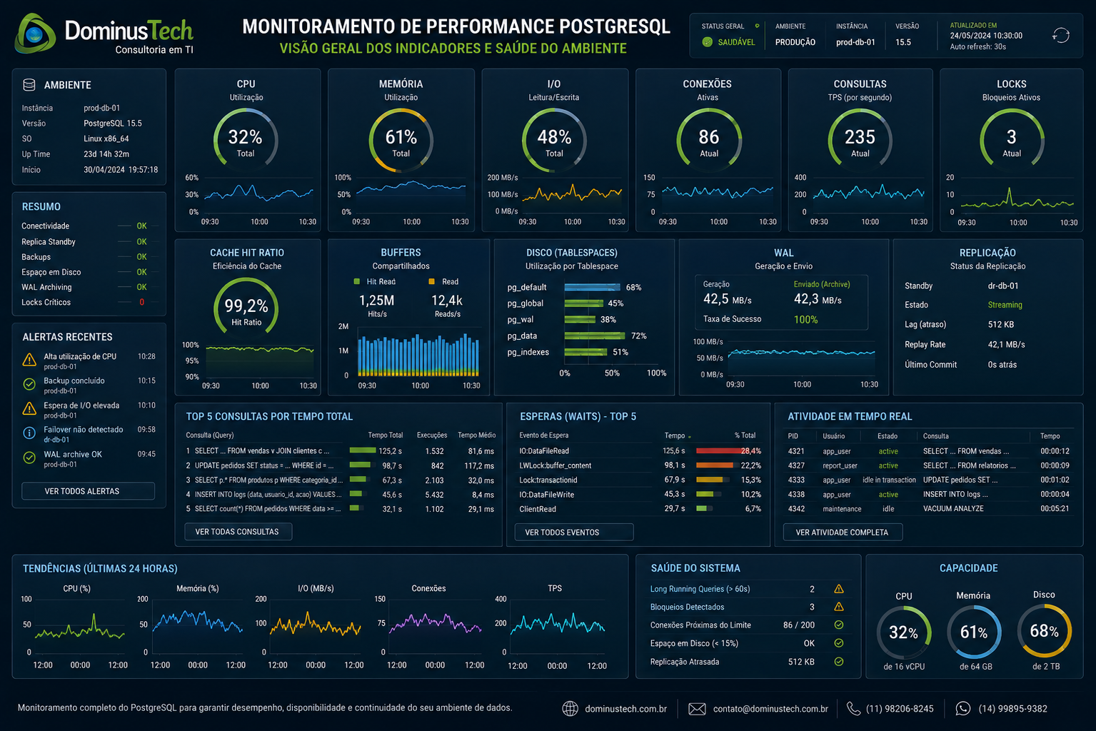Dashboard corporativo de monitoramento de performance PostgreSQL com indicadores de CPU, memória, I/O, conexões, consultas, locks, cache, WAL e replicação.