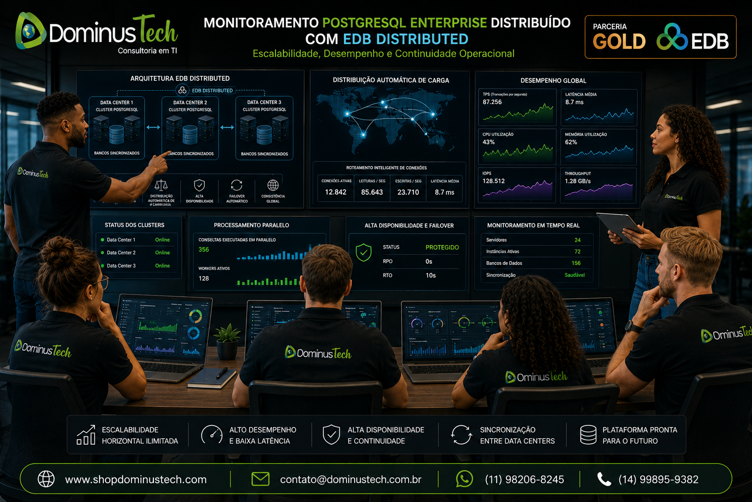 Equipe da Dominus Tech monitorando uma infraestrutura PostgreSQL Enterprise distribuída com EDB Distributed, acompanhando clusters sincronizados, distribuição automática de carga, dashboards de desempenho, processamento paralelo, alta disponibilidade e continuidade operacional entre Data Centers.