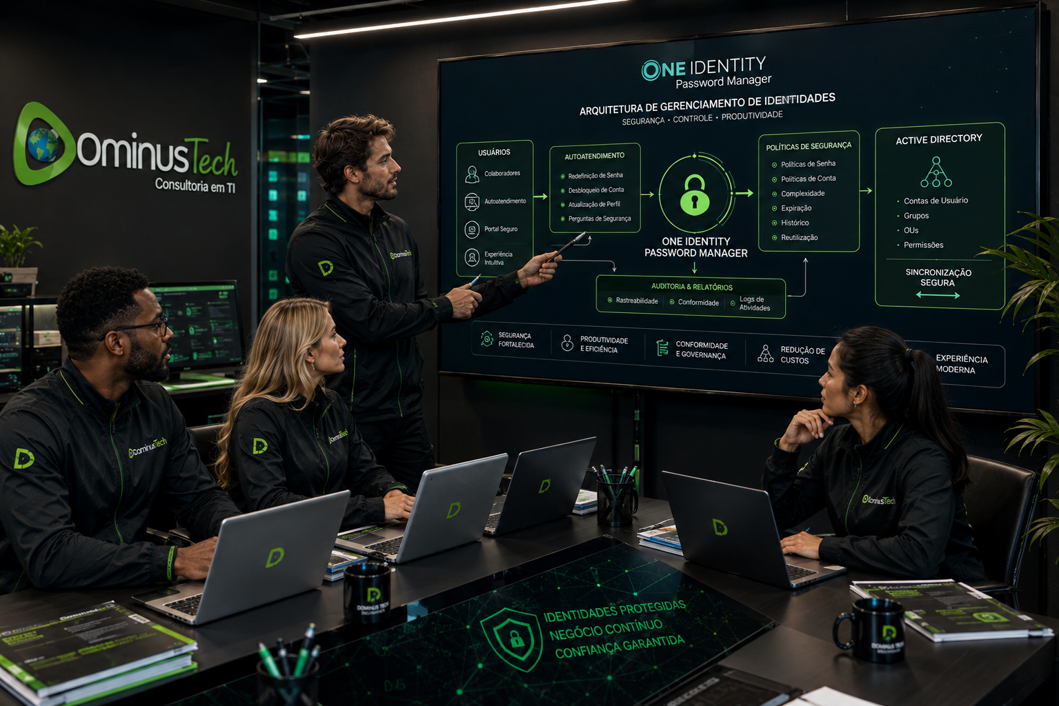 Equipe da Dominus Tech analisando uma arquitetura de gerenciamento de identidades com One Identity Password Manager, destacando autoatendimento para usuários, redefinição de senhas, políticas de segurança, auditoria e integração com Active Directory em ambiente corporativo moderno.
