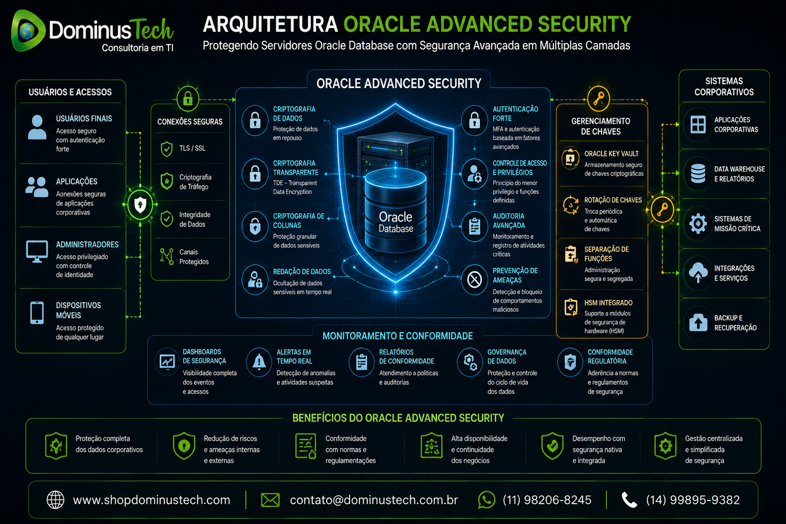 Arquitetura ilustrativa do Oracle Advanced Security protegendo ambientes Oracle Database por meio de criptografia de dados, autenticação forte, gerenciamento de chaves criptográficas e conexões seguras entre usuários, aplicações e bancos de dados corporativos, com foco em segurança da informação e proteção de dados.