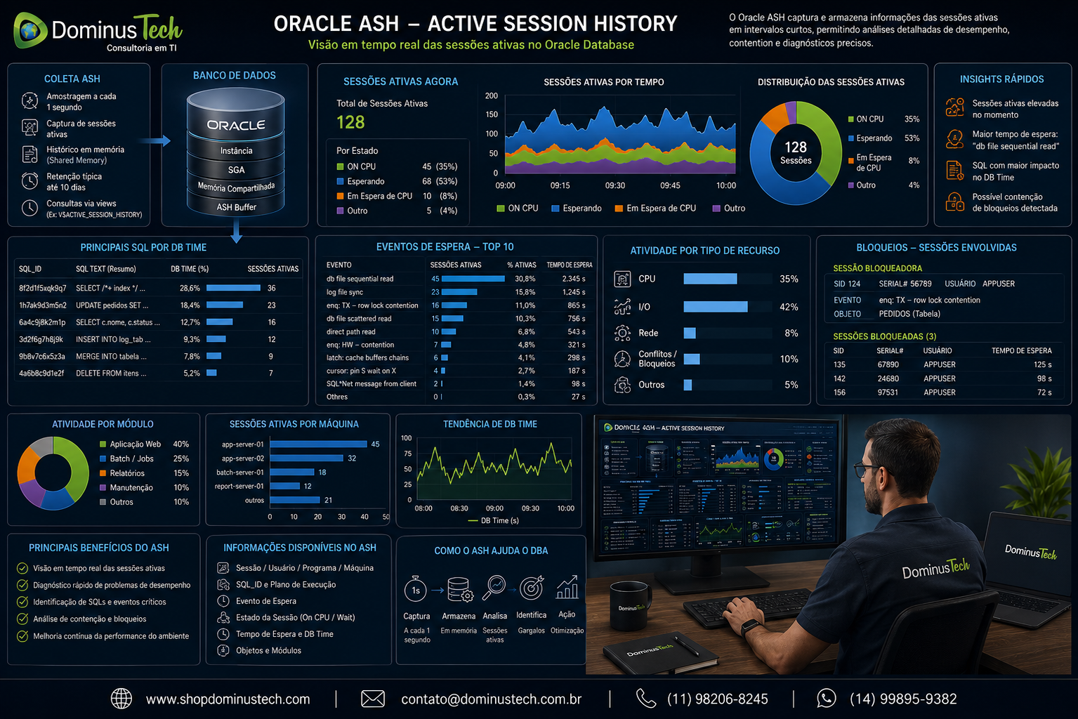 Dashboard corporativo Oracle ASH mostrando sessões ativas, SQL, eventos de espera, CPU, I/O, bloqueios e análise de desempenho por DBA.