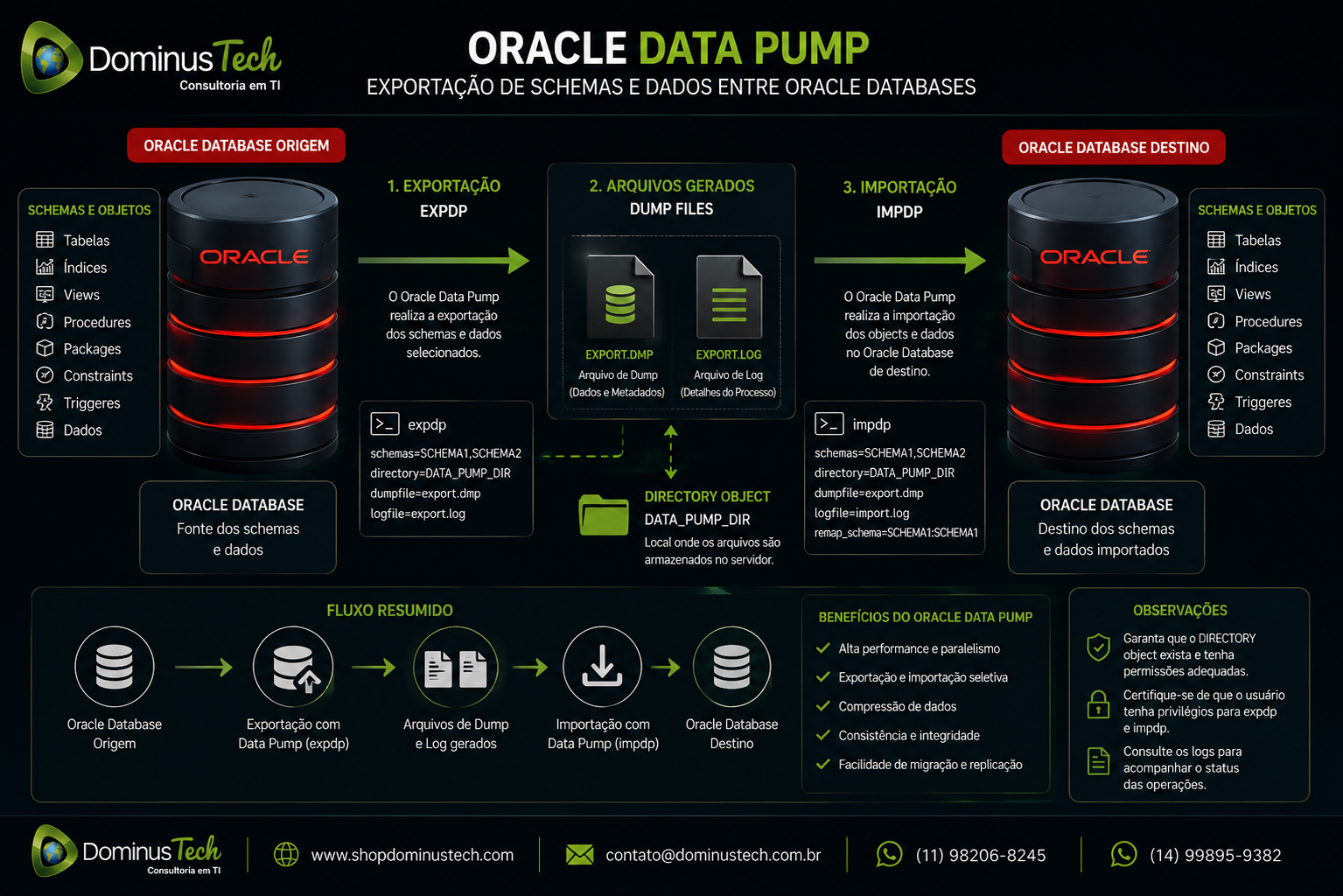 Diagrama Oracle Data Pump mostrando exportação de schemas e dados de um Oracle Database de origem para arquivos de dump e importação em um segundo banco de dados