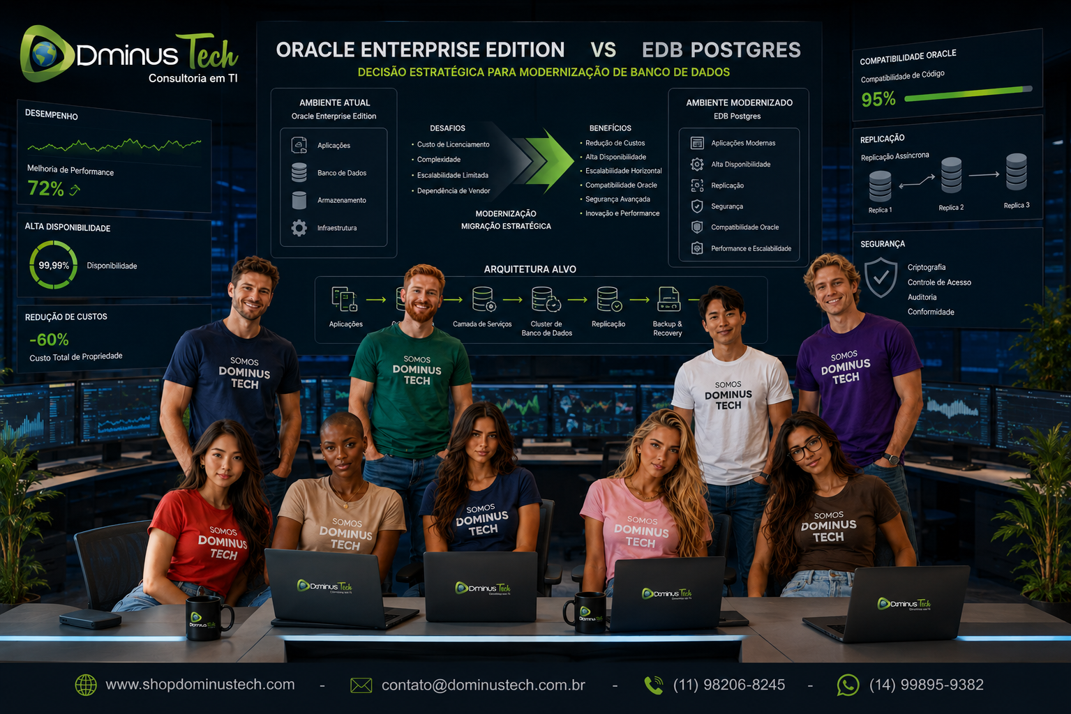 Equipe da Dominus Tech analisando uma decisão de modernização de banco de dados entre Oracle Enterprise Edition e EDB Postgres, com foco em desempenho, alta disponibilidade, segurança, compatibilidade, replicação e migração.
