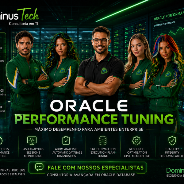 Equipe da Dominus Tech especializada em Oracle Performance Tuning monitorando dashboards de performance Oracle, AWR, ASH, ADDM, SQL Tuning e otimização de banco de dados enterprise em ambiente corporativo tecnológico.